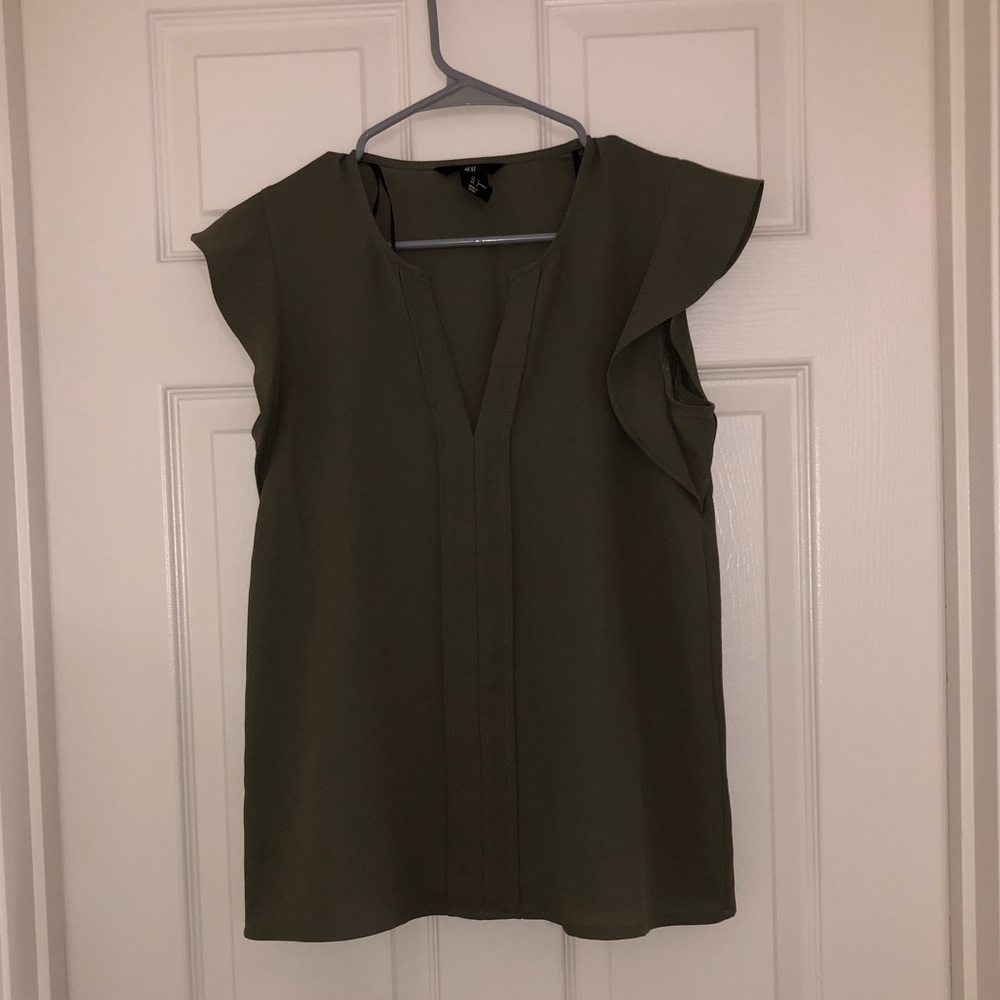 H&M Olive Flutter Sleeve Blouse